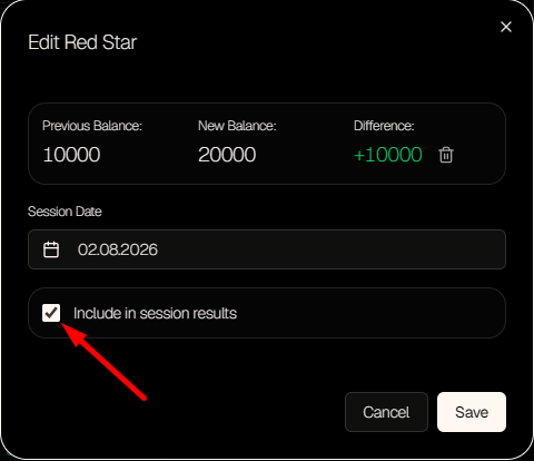 The Include in session results checkbox in the balance edit window