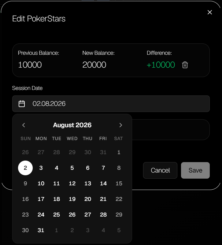 Choosing the session date in the balance edit window